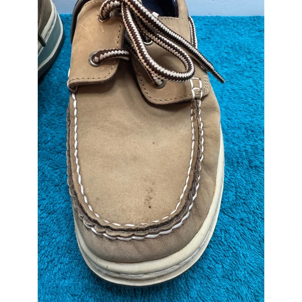 Land Rover Tan Nubuck Boat Shoes Mens Moc Toe Deck Shoes Brown Striped Laces